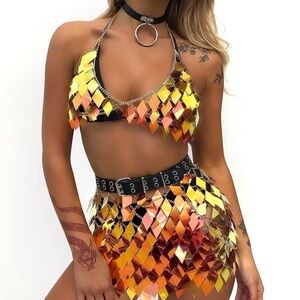 SEQUINS Tassels Body Chain Gold Bra Skirt Set Sexy Bikini Rave Festival Party